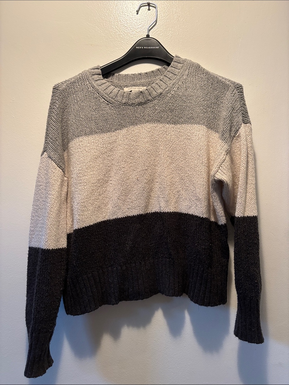American Eagle Outfitters Striped Crewneck Sweater - Gray, Cream & Dark Brown